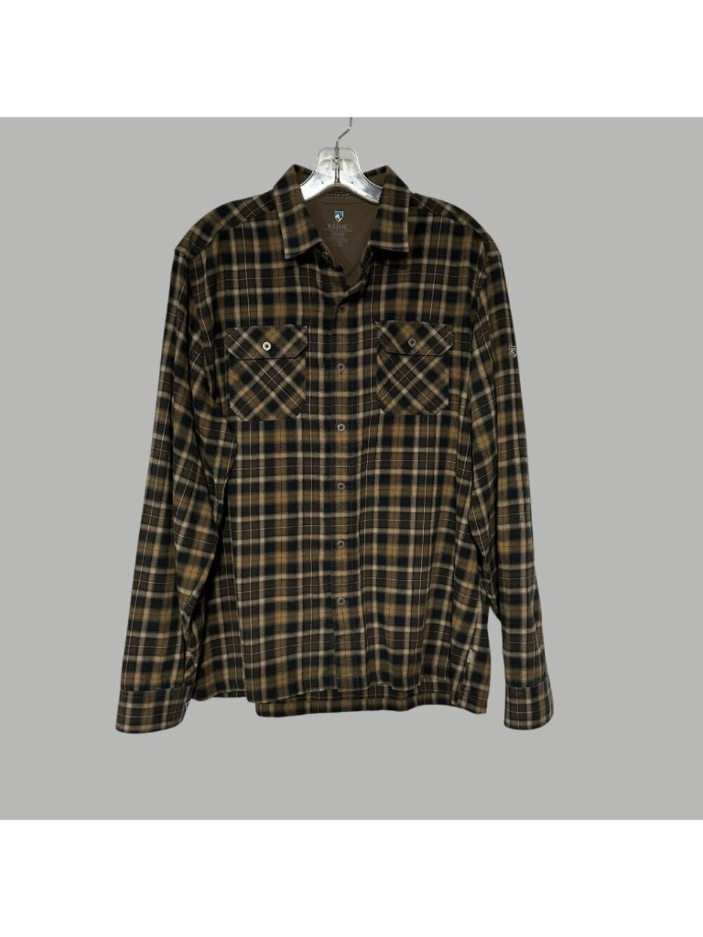 Kuhl Men’s Flannel Button Up Shirt Pockets Plaid Brown Long Sleeve Soft Large